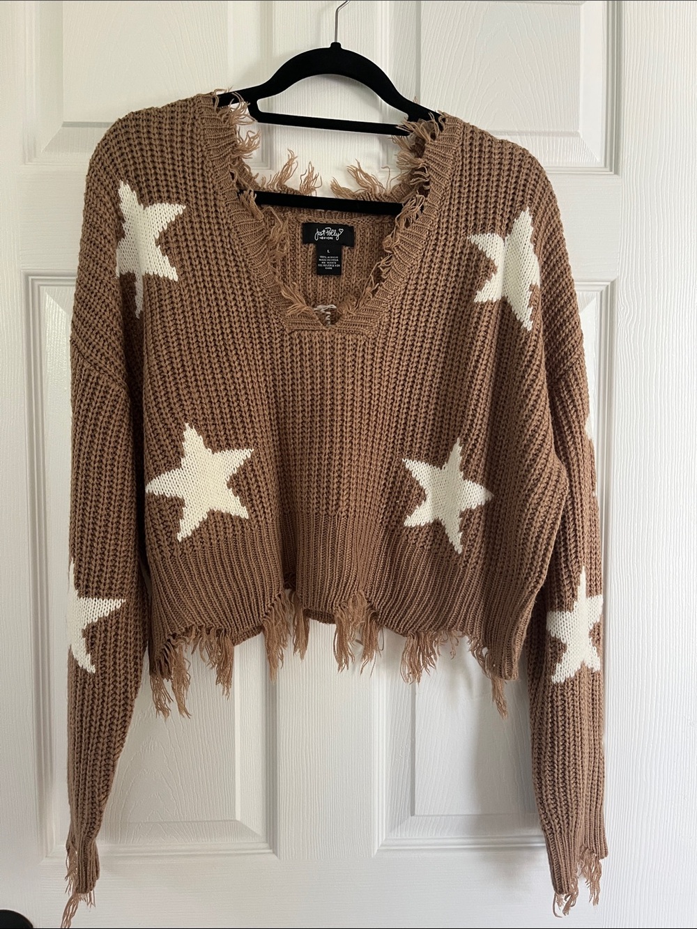 Just Polly Brown V-Neck Star Knit Sweater with White Stars